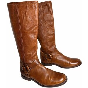 FRYE Phillip Harness Knee High Leather Boots Whiskey Brown Womens 8.5 Equestrian